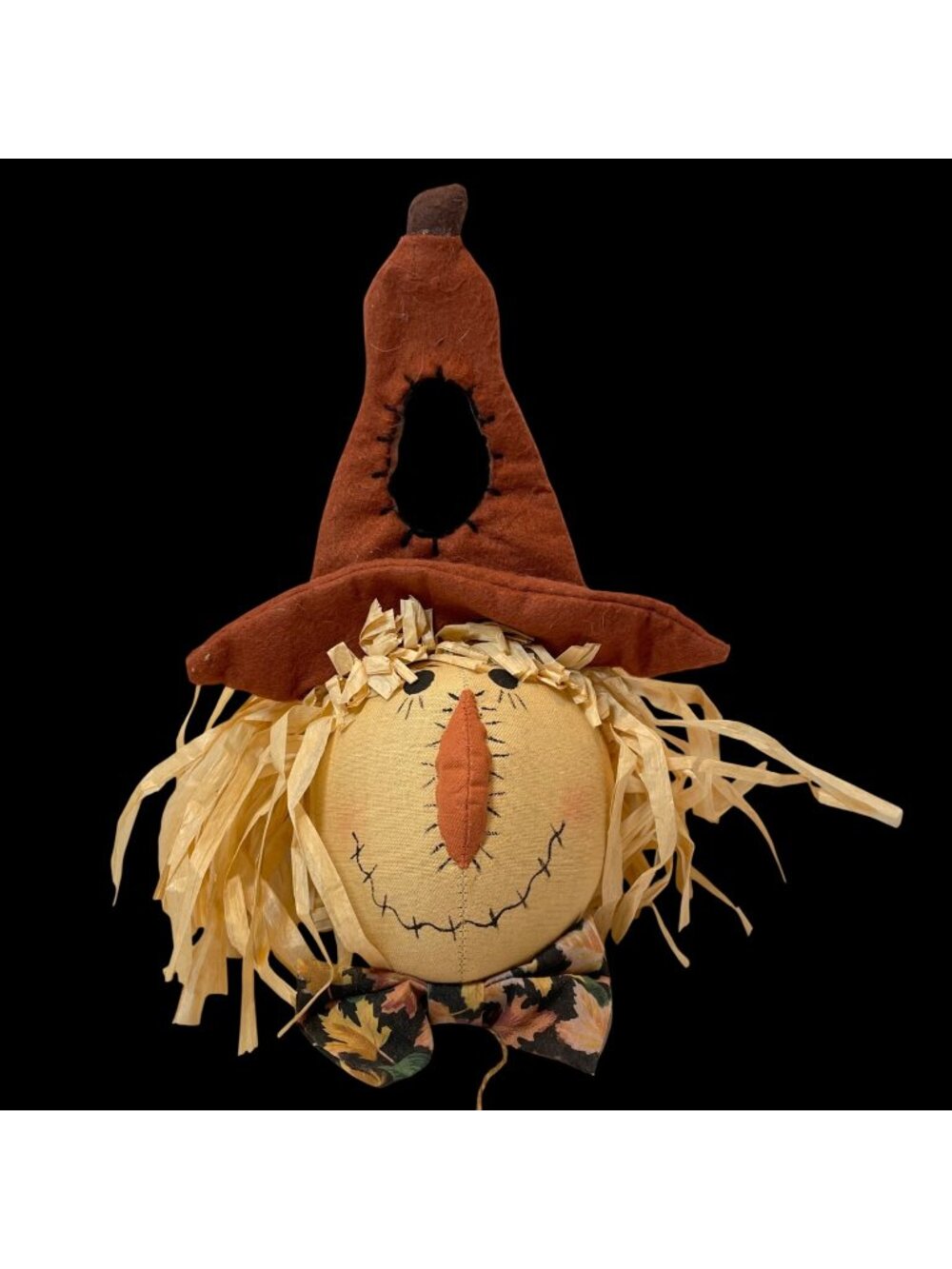 Scarecrow Door Hanger With Fall-Themed Bowtie & Raffia Hair Rustic Autumn Decor